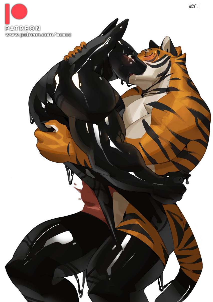 2021 4_fingers 5_fingers absurd_res anthro black_body blush bodily_fluids canid canine canis closed_eyes cxcxxcxxxx digital_media_(artwork) duo embrace felid fingers fur hi_res hug kissing male male/male mammal muscular muscular_anthro muscular_male orange_body orange_fur pantherine rubber_creature saliva simple_background tiger white_background white_body white_fur wolf