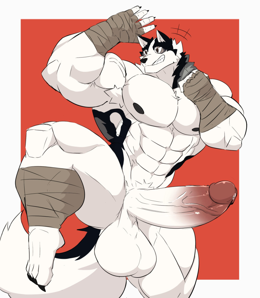 abs anatake anthro balls bandage barefoot biceps big_muscles big_penis bodily_fluids canid canine canis casual_erection casual_nudity domestic_dog erection feet fur genital_fluids genitals hi_res huge_muscles humanoid_feet humanoid_genitalia humanoid_hands humanoid_penis kung_fu male male_only mammal manly martial_artist martial_arts muscular muscular_anthro muscular_male nude pecs penis plantigrade precum quads simple_background solo solo_focus spitz thai_bangkaew vein veiny_penis