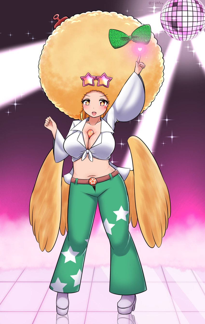 afro bimbo bimbofication blonde_hair brainwashing breast_expansion cleavage disco female hair_color_change hair_growth high_heels huge_ass huge_breasts hypnosis japanese_text midriff navel personality_change post_transformation revealing_clothes text thick_thighs touhou transformation utsuho_reiuji wide_hips yu_(pixiv_artist)