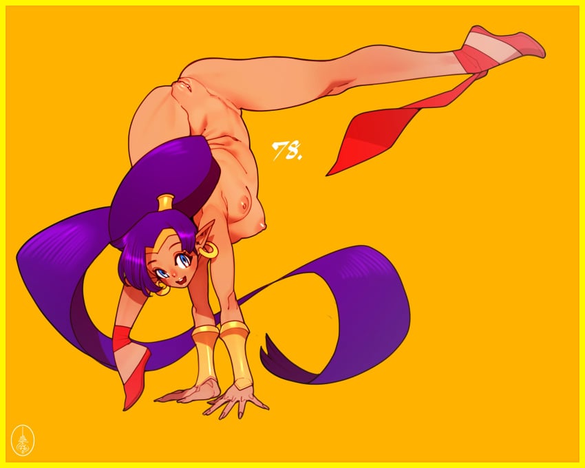 1girls blue_eyes breasts cheunchin dark-skinned_female dark_skin earrings female female_only full_body handstand legs_apart long_hair naked naked_female nude nude_female pointy_ears purple_hair pussy shantae shantae_(character) slippers solo solo_female wristband