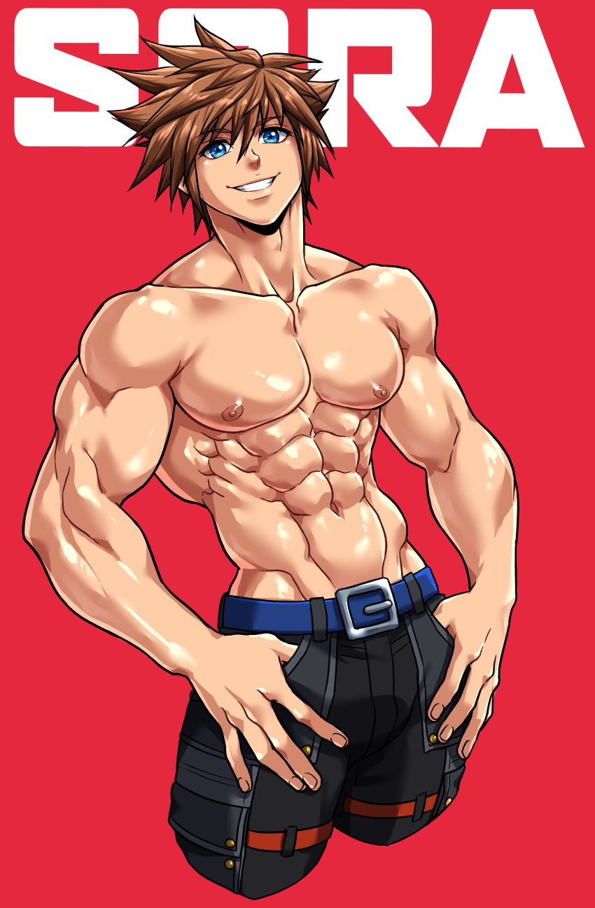 1boy 2023 abs belt big_muscles blue_eyes bottomwear brown_hair front_view glistening_body grin human ichan ignition_crisis kingdom_hearts male male_only muscular muscular_human muscular_male nipples pants pecs simple_background smile solo sora square_enix standing teeth text topless