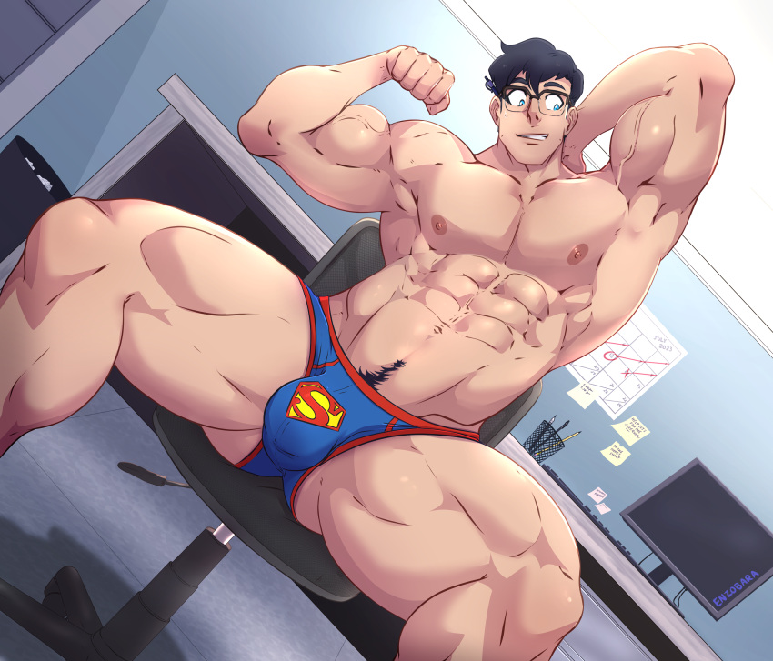 1boy 2023 abs arm_behind_head bara biceps big_bulge black_hair blue_eyes blue_underwear briefs bulge clark_kent clark_kent_(my_adventures_with_superman) dc enzobara glasses hi_res highres huge_bulge male male_focus male_only male_pubic_hair muscle muscles muscular muscular_arms muscular_legs muscular_male muscular_thighs my_adventures_with_superman nipples solo solo_male spread_legs superhero superman superman_(series) underwear