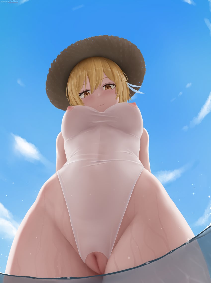 absurdres arms_behind_back blonde_hair blue_sky breasts censored cleft_of_venus closed_mouth covered_navel crotchless crotchless_swimsuit day female from_below genshin_impact hat highres large_breasts looking_at_viewer looking_down lumine_(genshin_impact) mosaic_censoring nipple_cutout nipples one-piece_swimsuit pussy see-through_swimsuit sky smile solo straw_hat swimsuit wading water wet white_one-piece_swimsuit yellow_eyes z282g