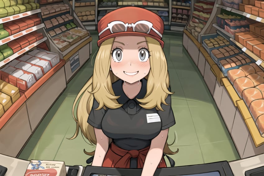 1girls ai_generated anthro_on_female buying_condoms clothed condom implied_sex machamp nervous nervous_smile pokemon pokemon_(species) pokemon_xy self_upload serena_(pokemon) serena_(pokemon_games) solo_focus stable_diffusion sweat