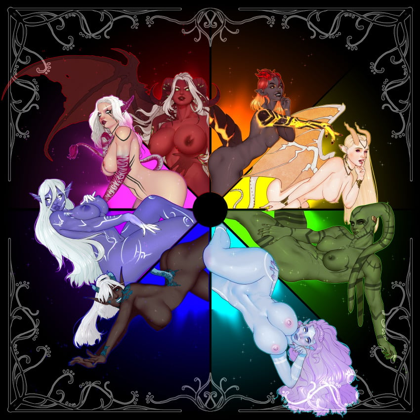 8girls color_wheel_challenge curvy demon_girl draw_challenge galaad1800 glowing_eyes large_breasts long_hair multiple_girls nightborne nude pose star_wars twi'lek wide_hips wings world_of_warcraft