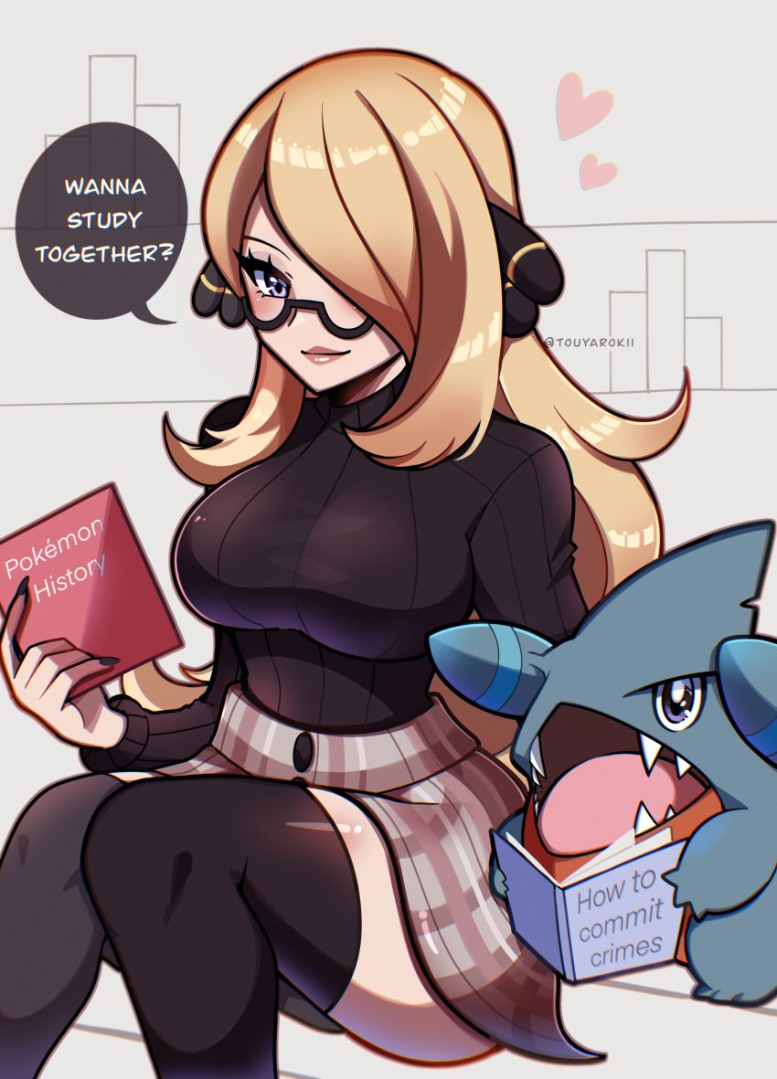 big_breasts curvy cute cynthia_(pokemon) funny generation_4_pokemon gible glasses hourglass_figure huge_breasts large_breasts lips lipstick looking_at_viewer naughty_face pokemon pokemon_dppt seductive_look short_skirt skin_tight skirt sweater text thick_thighs thighhighs thighs touyarokii