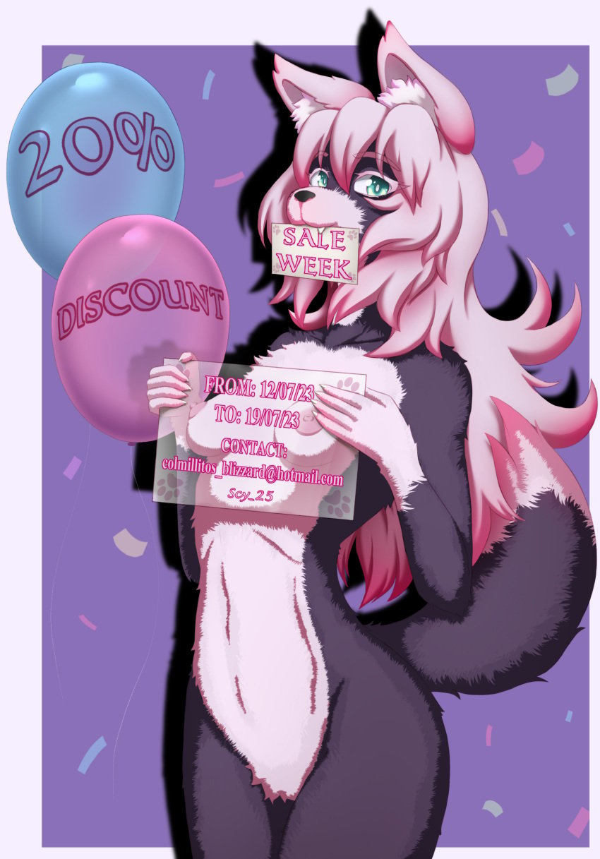 1girls anthro balloon balloons black_fur blue_eyes breasts canine commission female female fur furry furry_tail long_hair looking_at_viewer nipples nsfw nude nude_female pink_hair scy_25 sign tail wolf wolf_ears wolf_tail