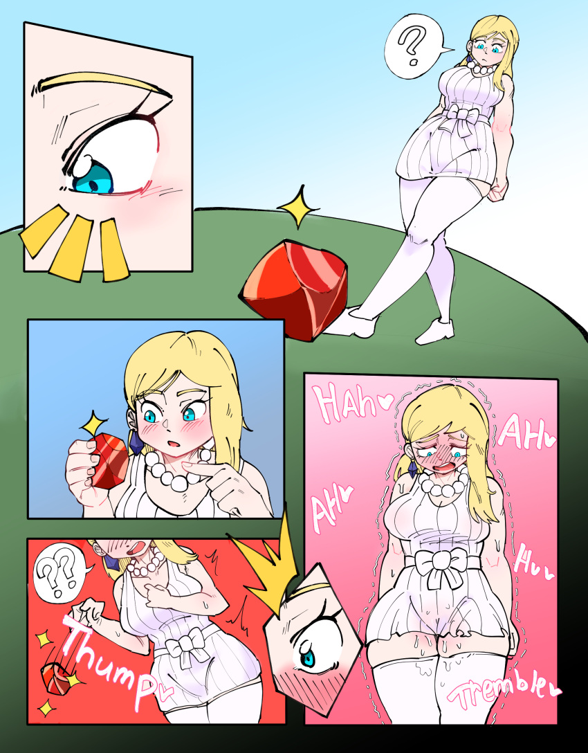 2023 absurd_res blonde_hair blue_eyes blush bodily_fluids clothing comic cursed_object female gem genital_fluids hair hi_res holding_gem holding_object human human_only legwear looking_down mammal not_furry outside pussy_juice question_mark solo stockings surprise walking white_clothing white_legwear white_stockings zneazel