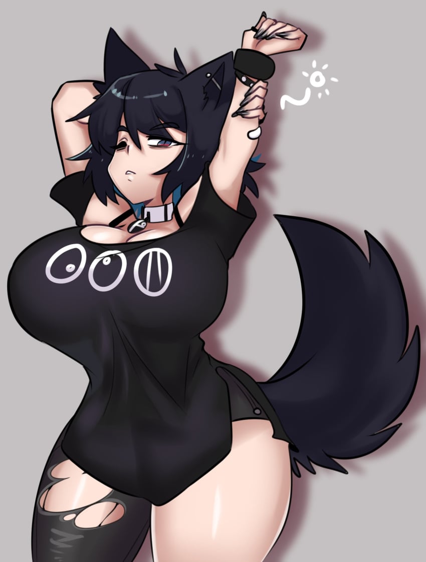 1girls big_breasts black_hair blue_eyes collar commission female female_only fictional_language goth hi_res looking_at_viewer matoran_text_(bionicle) missandydandy one_eye_closed raine_(zanamaoria) slit_pupils solo stretching t-shirt tail thick_thighs wolf_ears wolf_girl wolf_tail