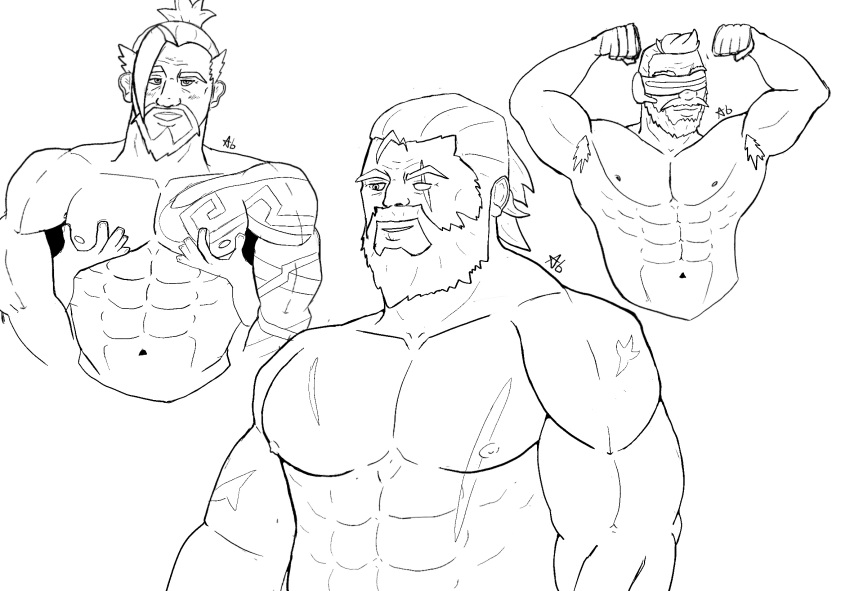 3boys abs armpit_fetish armpit_hair armpits beard blush daddy grin hanzo hanzo_shimada looking_at_viewer looking_pleasured looking_up male male_only muscular_arms muscular_male nipples no_visible_genitalia older_male overwatch overwatch_2 pec_grab pec_grasp pecs reinhardt scars sketch soldier_76 tattoo tattoo_sleeve tattooed_arm visor