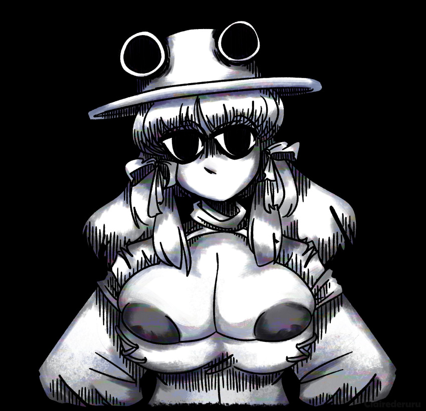 1girls areolae black_background breasts chromatic_aberration clairederuru cleavage creepy hat large_breasts looking_at_viewer meme monochrome nipple_slip nipples no_mouth shirt_pull solo solo_female staring suwako_moriya touhou