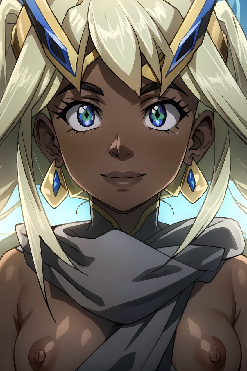 ai_generated blonde_hair blue_eyes breasts cannon_busters closed_mouth dark-skinned_female dark_skin earrings edosynf eyelashes female highres jewelry looking_at_viewer nipples s.a.m scarf smile solo upper_body