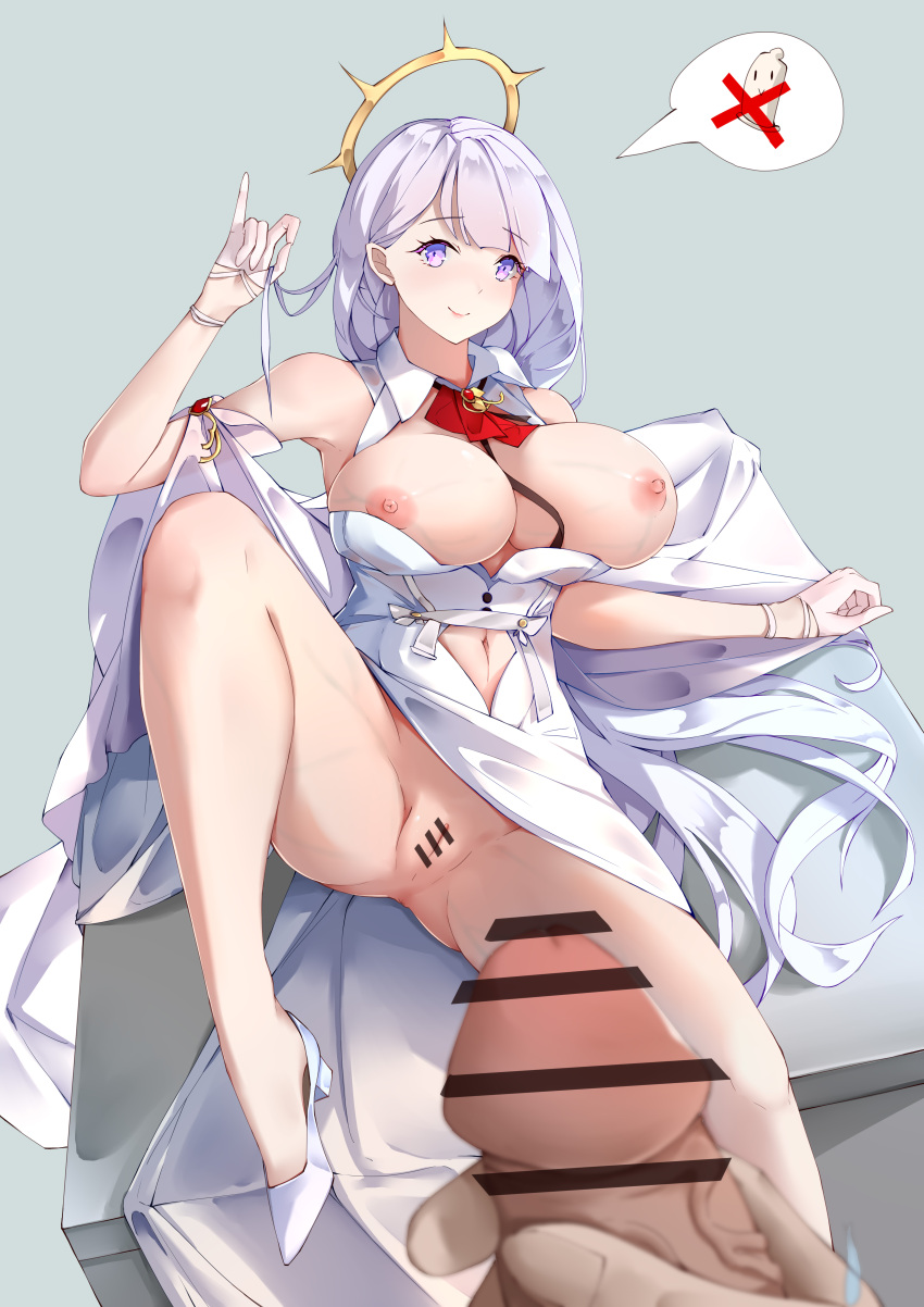 1boy 1girls absurdres anus arm_rest azur_lane bar_censor bare_shoulders between_breasts breasts breasts_out censored collar commentary_request dress female flower_in_eye gloves halo high_heels highres iridescent light-skinned_female light-skinned_male light_purple_hair light_skin long_hair looking_at_viewer navel penis pinky_out plymouth_(azur_lane) pov pov_crotch pov_hands purple_eyes pussy red_ribbon ribbon royal_navy_(azur_lane) shoes smile speech_bubble strap_between_breasts symbol_in_eye tareme whatwine white_background white_collar white_dress