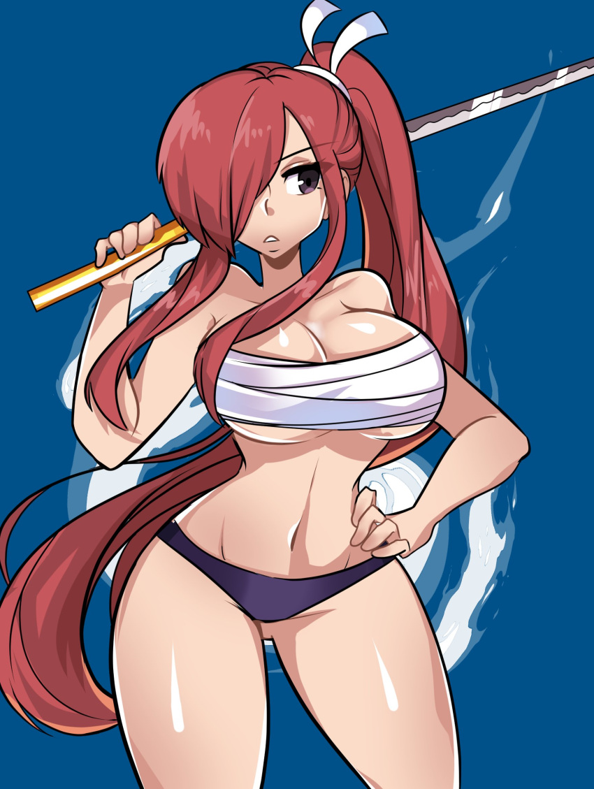 1girls bandaged_breasts bandaged_chest bandages big_breasts black_eyes black_panties blue_background erza_scarlet fairy_tail female female_only hair_over_one_eye hand_on_hip hi_res katana long_hair looking_at_viewer looking_away missandydandy panties partially_clothed ponytail red_hair solo sword thick_thighs weapon_over_shoulder wide_hips