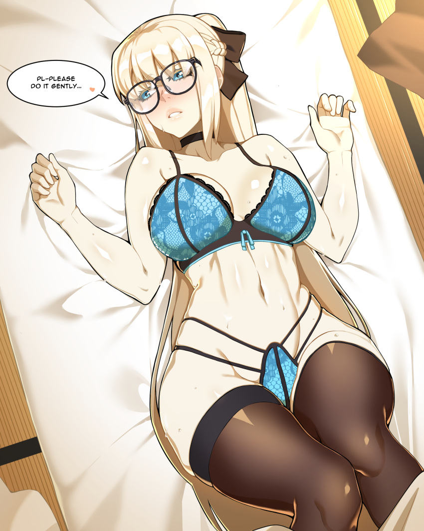 1girls big_breasts big_thighs blush bodily_fluids breasts busty english_text fate/grand_order fate_(series) female glasses huge_thighs large_thighs laying_on_bed lingerie morgan_le_fay_(fate) navel stockings sweat terebozu92 thick_thighs thighs underwear