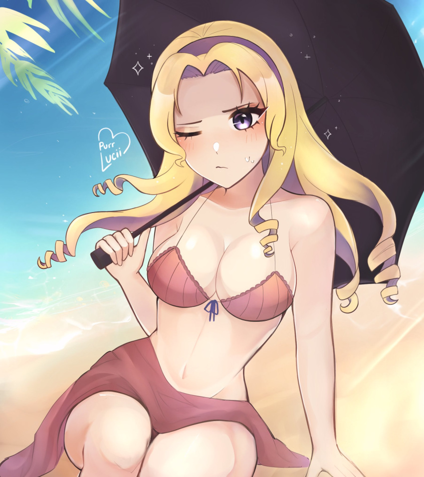 1girls alternate_costume artist_name beach bikini blonde_hair breasts brown_bikini brown_swimsuit cleavage colored_inner_hair constance_von_nuvelle curly_hair female female_only fire_emblem fire_emblem:_three_houses hairband highres light-skinned_female light_skin long_hair medium_breasts multicolored_hair nintendo one_eye_closed palm_tree parasol purple_eyes purrlucii sand sitting solo sweat watermark