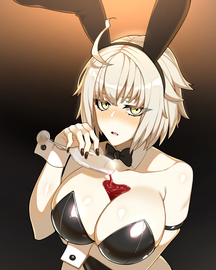 1girls big_breasts black_nails blush breasts bunny_ears bunny_girl bunnysuit bust_cup fate/grand_order fate_(series) female huge_breasts jeanne_alter large_breasts looking_at_viewer red_wine terebozu92 voluptuous wine wine_glass wine_on_breasts