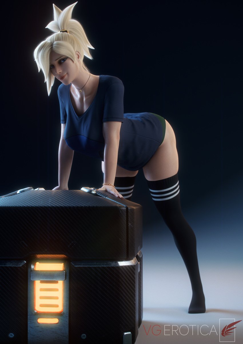 1girls 3d alternate_version_available angela_ziegler ass athletic athletic_female bending_over bent_over big_ass blender blizzard_entertainment blonde_hair blue_eyes bottomwear breasts cleavage female female_focus female_only green_panties green_underwear hairband headwear highres holding holding_object leaning leaning_forward leggings legwear light-skinned_female light_skin looking_at_viewer lootbox medium_breasts mercy necklace overwatch overwatch_2 panties ponytail pose posing presenting shirt simple_background solo solo_focus stockings sweat sweatdrop sweating thick_ass thick_thighs topwear underwear vgerotica watermark