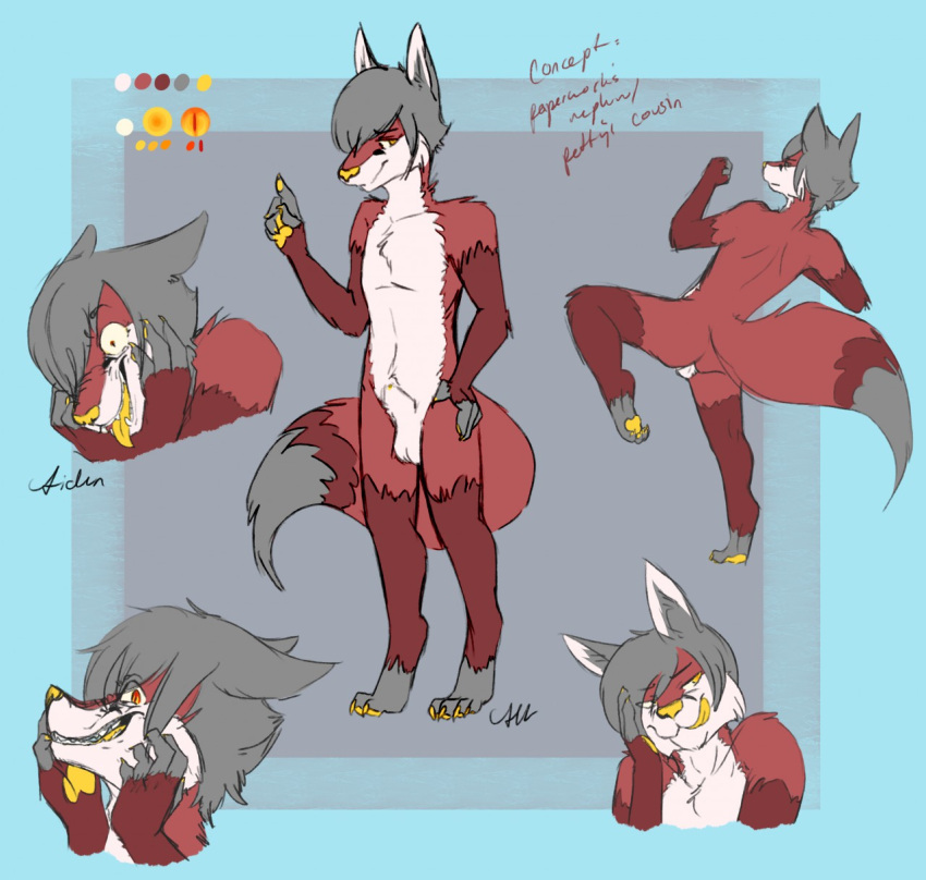 action_pose aiden_stahli anthro bittervow canid canine claws fox fur grey_body grey_fur grey_hair hair handpads hi_res hybrid insane male mammal nude pawpads paws pose red_body red_fur tongue tongue_out yellow_eyes yellow_pawpads