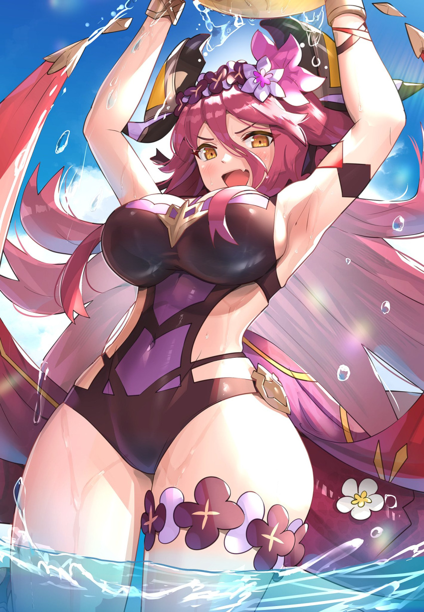 1girls beach_ball cygames dragalia_lost dragon dragon_girl dragon_horns dragon_tail female female_only flower flower_in_hair gonzarez holding_object horns large_breasts leg_band looking_at_viewer mym mym_(dragalia_lost) nintendo one-piece_swimsuit open_mouth red_hair summer swimsuit tail thighs water