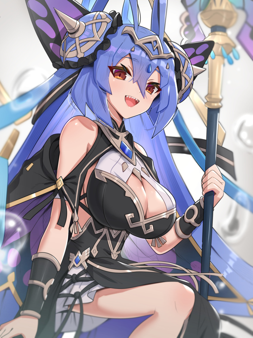 1girls blue_hair butterfly_hair_ornament cleavage clothed_female cygames dragalia_lost female female_only gonzarez hair_ornament holding_object large_breasts nintendo origa_(dragalia_lost) red_eyes shark_teeth sharp_teeth smile staff