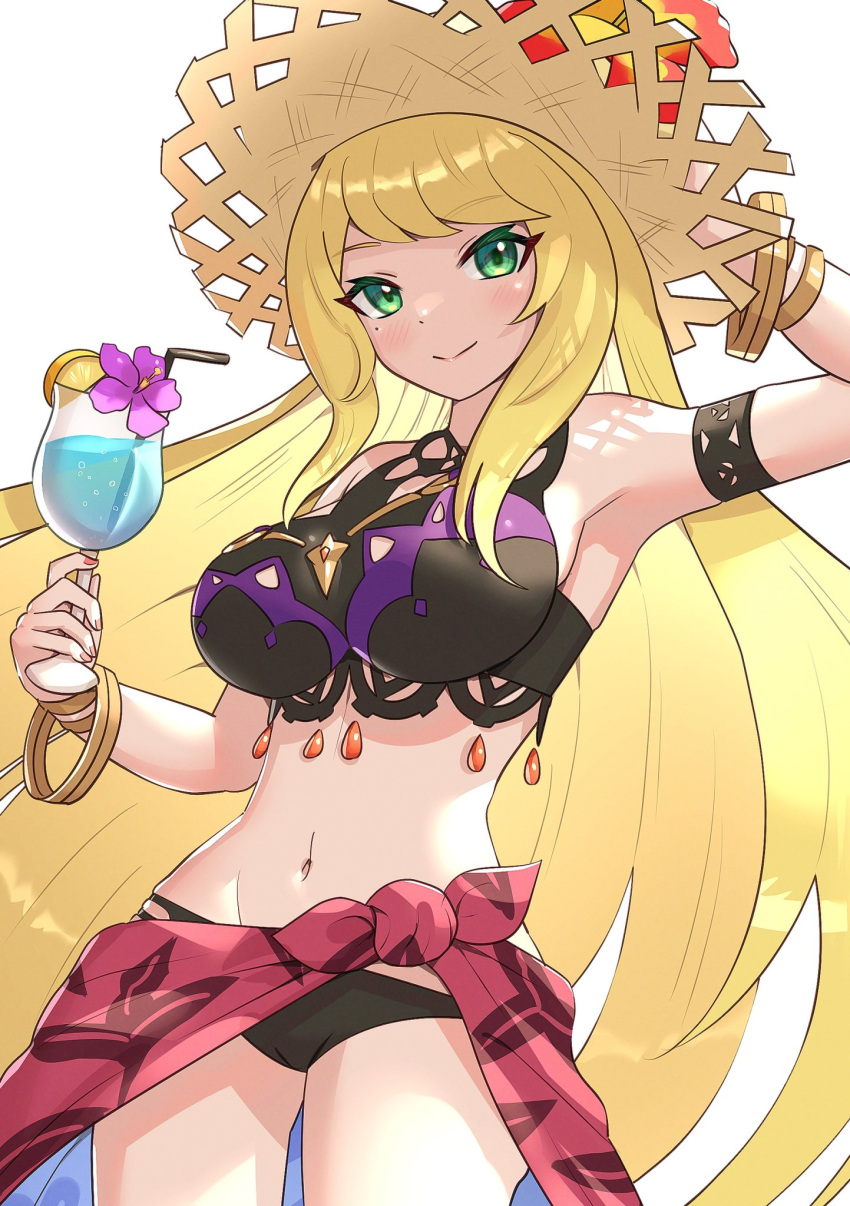 bikini blonde_hair chelle_(dragalia_lost) cygames dragalia_lost gonzarez holding_drink large_breasts long_hair looking_at_viewer navel nintendo summer sun_hat swimsuit swimwear thighs white_background wristband