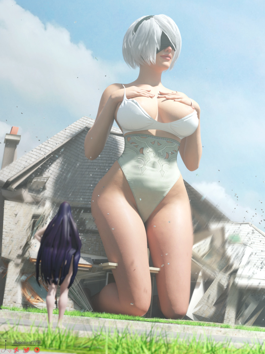 2girls 3d blindfold breasts destruction female female_only giantess hairband jessicagts light-skinned_female light_skin long_hair macro nier nier:_automata purple_hair short_hair size_difference white_hair yorha_2b