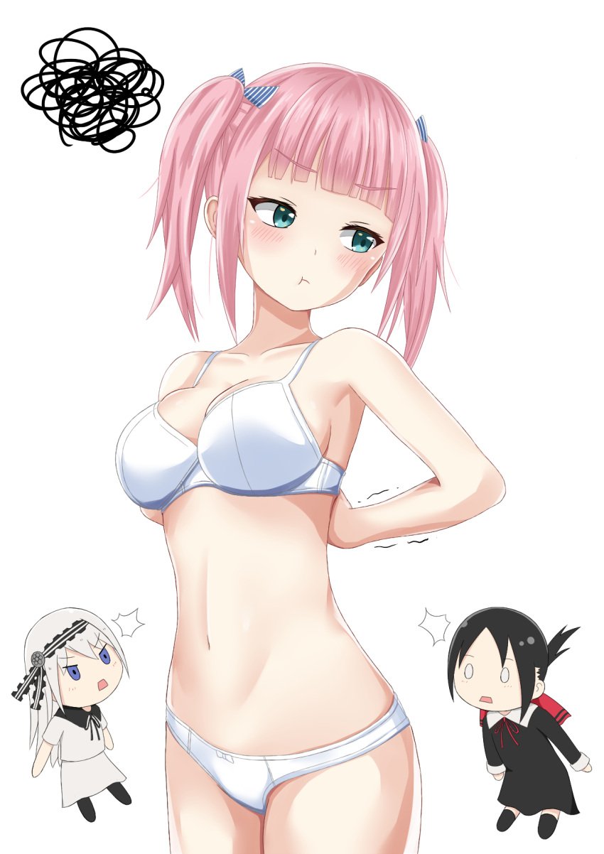 3girls :t arms_behind_back blue_eyes blunt_bangs blush bow bow_panties bra breast_envy breasts chi_xiao cleavage empty_eyes female female_only fujiwara_moeha hairbow highres kaguya-sama_wa_kokurasetai_~tensai-tachi_no_renai_zunousen~ long_hair looking_at_another looking_away looking_back medium_breasts multiple_girls navel panties pout shinomiya_kaguya shirogane_kei solo_focus trembling twintails underwear undressing white_background white_bra white_panties