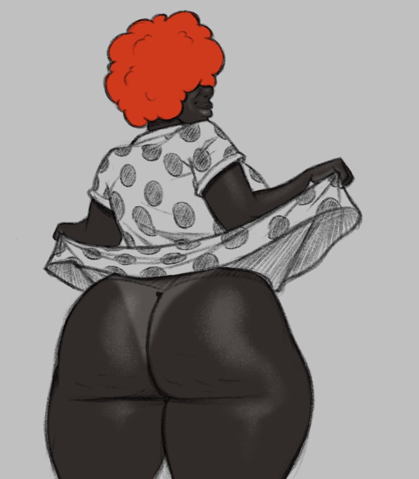 bbb_(kostos) big_ass bottomless cellulite dark-skinned_female dark_orange_hair greyscale human kostos_art looking_back polka_dot sundress tanline