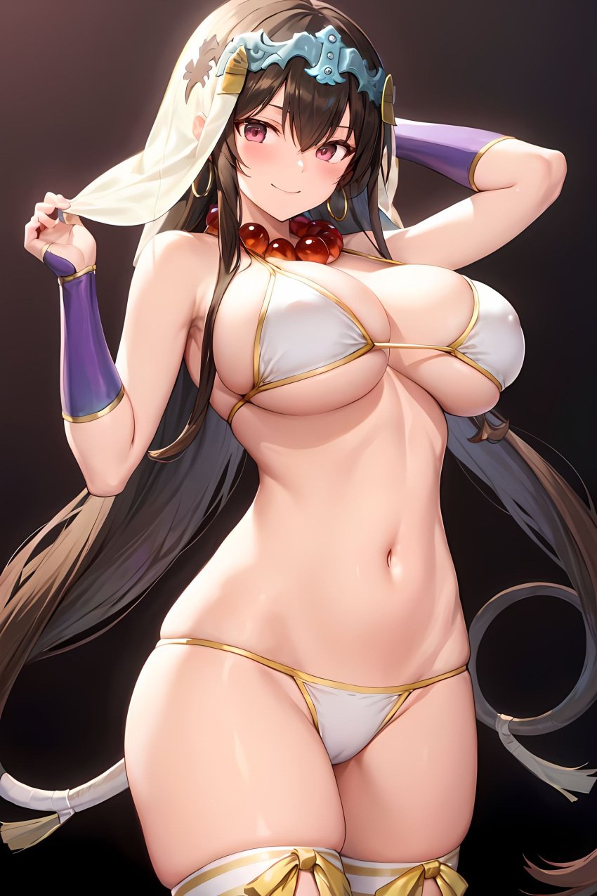 1girls ai_generated bikini breasts brown_hair fate/grand_order fate_(series) female hi_res huge_breasts light-skinned_female light_skin long_hair looking_at_viewer smile stable_diffusion thighs xuanzang_(fate)