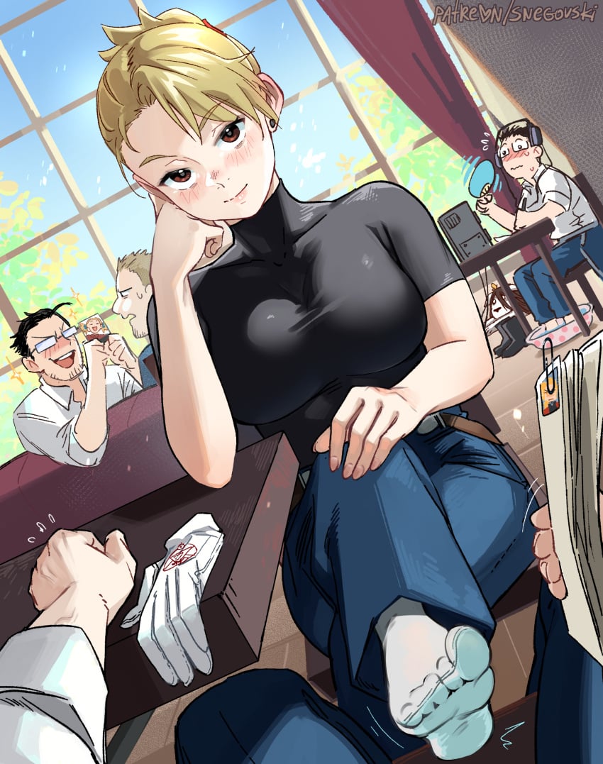 1girls 5boys black_shirt blonde_hair blush breasts crossed_legs dog earrings elbow_rest fanning_self feet flirting fullmetal_alchemist gloves indoors jewelry large_breasts looking_at_viewer maes_hughes nina_tucker no_shoes ponytail pov red_eyes riza_hawkeye roy_mustang sitting snegovski socks solo_focus spread_legs straight sweat tight_clothing toes white_socks