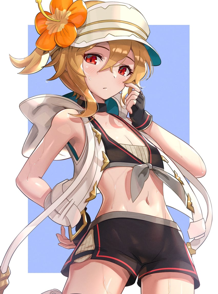 1girls alex_(dragalia_lost) blonde_hair choker cygames dragalia_lost female female_only fingerless_gloves flat_chest flower flower_in_hair gonzarez hat nintendo petite petite_body red_eyes short_hair shorts slender_body summer swimwear tomboy