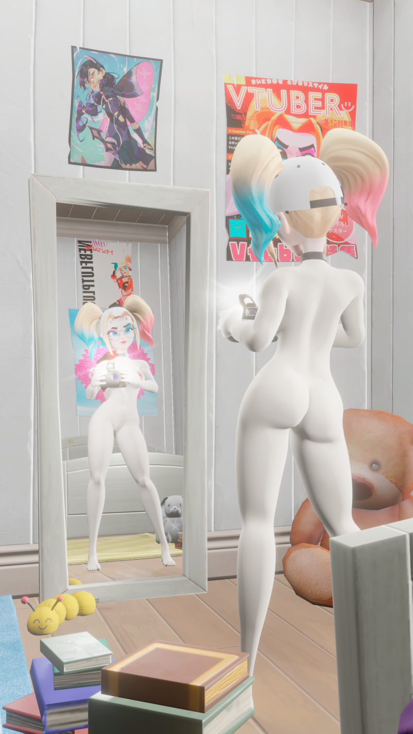 ass bed bedroom breasts camera choker dc dc_comics fortnite glasses harley_quinn harley_quinn_(multiversus) hat hat_only looking_in_mirror mirror mirror_reflection multiversus nebflutplus nude nude_female pigtails pussy taking_picture