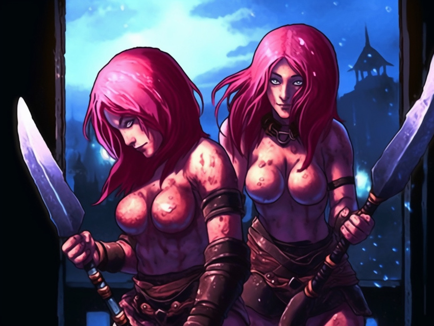 2girls ai_generated blade bladed_weapon blood detailed_background glaive large_breasts long_hair medium_breasts midjourney naked naked_female no_nipples partially_clothed partially_nude partially_nude_female partly_clothed pink_hair sword topless topless_female weapon weapons