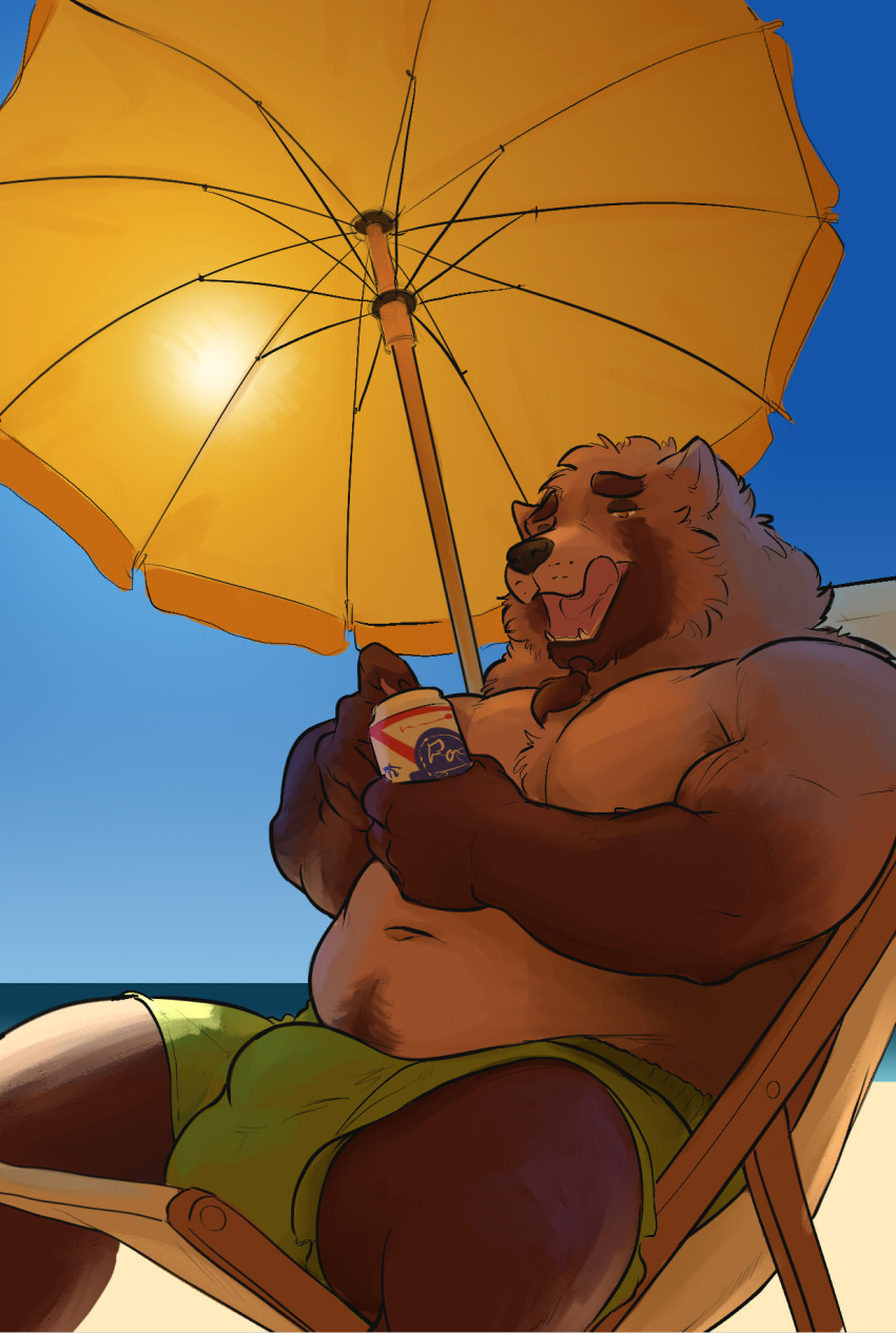 2023 alcohol anthro barazoku barely_visible_nipples beach beach_chair bear beer belly beverage beverage_can biceps big_bulge big_muscles braided_fur bulge can chair clothed clothing container day deltoids detailed_bulge eyebrows fur furniture hi_res holding_beverage holding_can holding_container holding_object huge_bulge huge_muscles licking licking_lips licking_own_lips male mammal mickey_the_retriever musclegut muscular muscular_anthro muscular_male narrowed_eyes navel nipples open_mouth open_smile outside pabst_blue_ribbon pecs relaxing sand seaside sitting sky smile solo summer sun swimming_trunks swimwear teeth thick_thighs tongue tongue_out topless topless_anthro topless_male tuft umbrella water