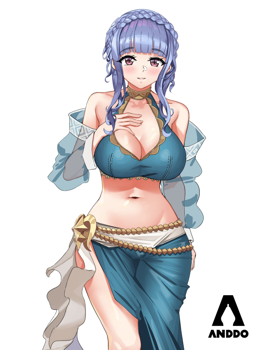 1girls absurdres alternate_costume bikini blue_bikini blue_hair blue_sarong blue_swimsuit blush braid breasts brown_eyes cleavage commission crown_braid detached_sleeves female female_only fire_emblem fire_emblem:_three_houses fire_emblem_heroes grin highres i_am_anddo jewelry large_breasts long_hair looking_at_viewer marianne_von_edmund marianne_von_edmund_(summer) navel nintendo official_alternate_costume open_mouth pink_eyes sarong see-through see-through_sleeves short_hair simple_background smile solo swimsuit white_background wide_hips