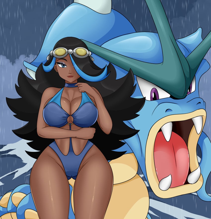 1girls big_breasts black_hair blush cleavage dark-skinned_female dark_skin female game_freak goggles goggles_on_head gyarados large_breasts lipstick looking_at_viewer multicolored_hair nintendo pokémon_(species) pokemon shelly_(pokemon) shelly_(pokemon_oras) sonson-sensei swimsuit swimwear thick_thighs thighs wide_hips