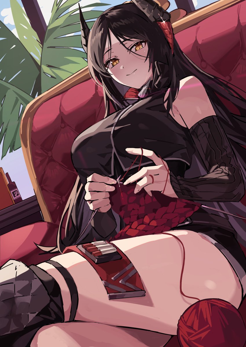 absurdres arknights bare_shoulders black_hair black_jacket black_skirt breasts brown_sleeves closed_mouth detached_sleeves feet_out_of_frame female highres horns ines_(arknights) jacket large_breasts long_sleeves needle parted_bangs plant ryofu_(pixiv12347507) sewing sewing_needle shirt sitting skirt sleeveless sleeveless_shirt smile solo string yellow_eyes