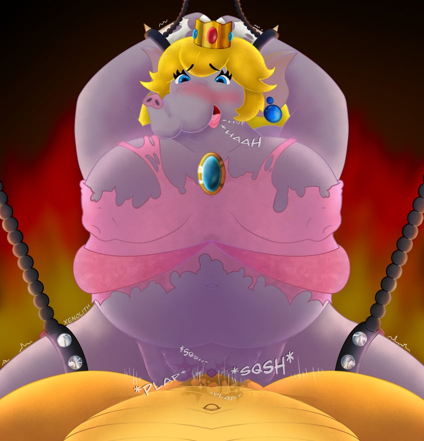 absurd_res anthro big_breasts blonde_hair blue_eyes blush bodily_fluids bondage bound bowser breasts chained chains clothing crown dialogue digital_media_(artwork) duo elephant elephant_peach elephantid english_text eye_contact female female_penetrated genital_fluids genitals grey_body hair headgear hi_res humanoid koopa looking_at_another looking_at_viewer male male/female male_penetrating male_penetrating_female mammal mario_(series) nintendo nipples onomatopoeia open_mouth overweight penetration princess_peach proboscidean pussy restraints scalie sex simple_background sound_effects spikes submissive super_mario_bros._wonder text trunk vaginal_penetration xenolith0