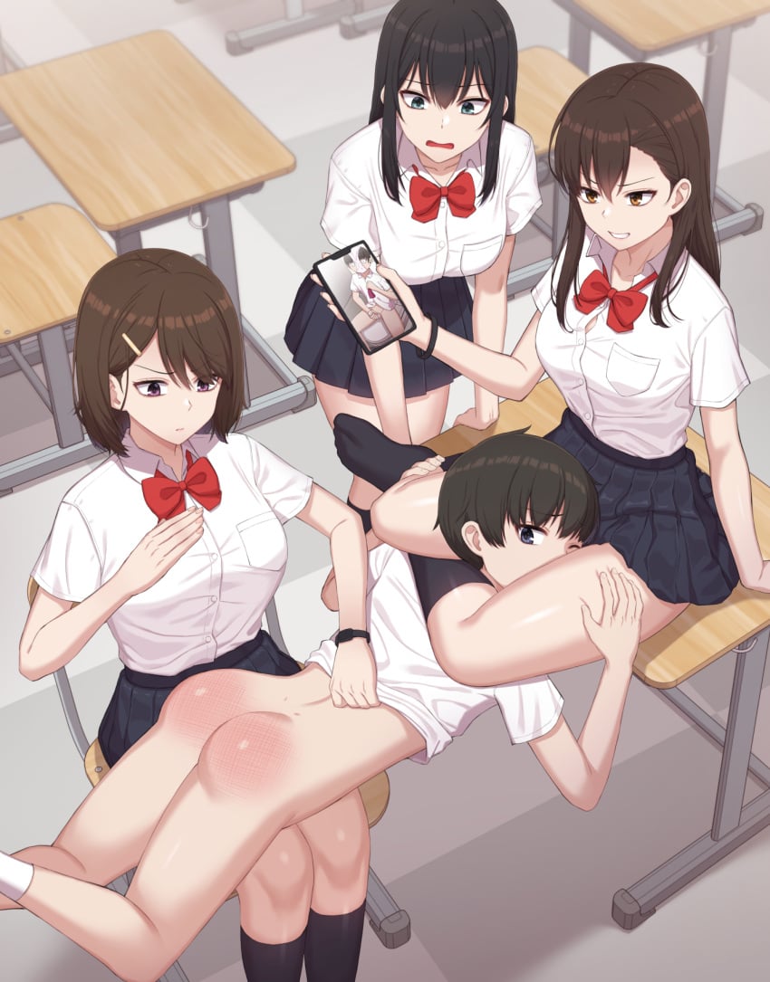 1boy 3girls between_thighs black_eyes black_hair black_socks blue_eyes bob_cut bow brown_eyes brown_hair cellphone cellphone_picture classroom collared_shirt desk femdom hair_between_eyes head_between_thighs highres humiliation indoors kneehighs long_hair looking_back looking_down multiple_girls object_on_head on_desk on_lap original panties panties_on_head phone purple_eyes red_bow s-goon school_uniform shirt short_hair sitting sitting_on_desk skirt smartphone socks spanked spanking underwear white_shirt white_socks