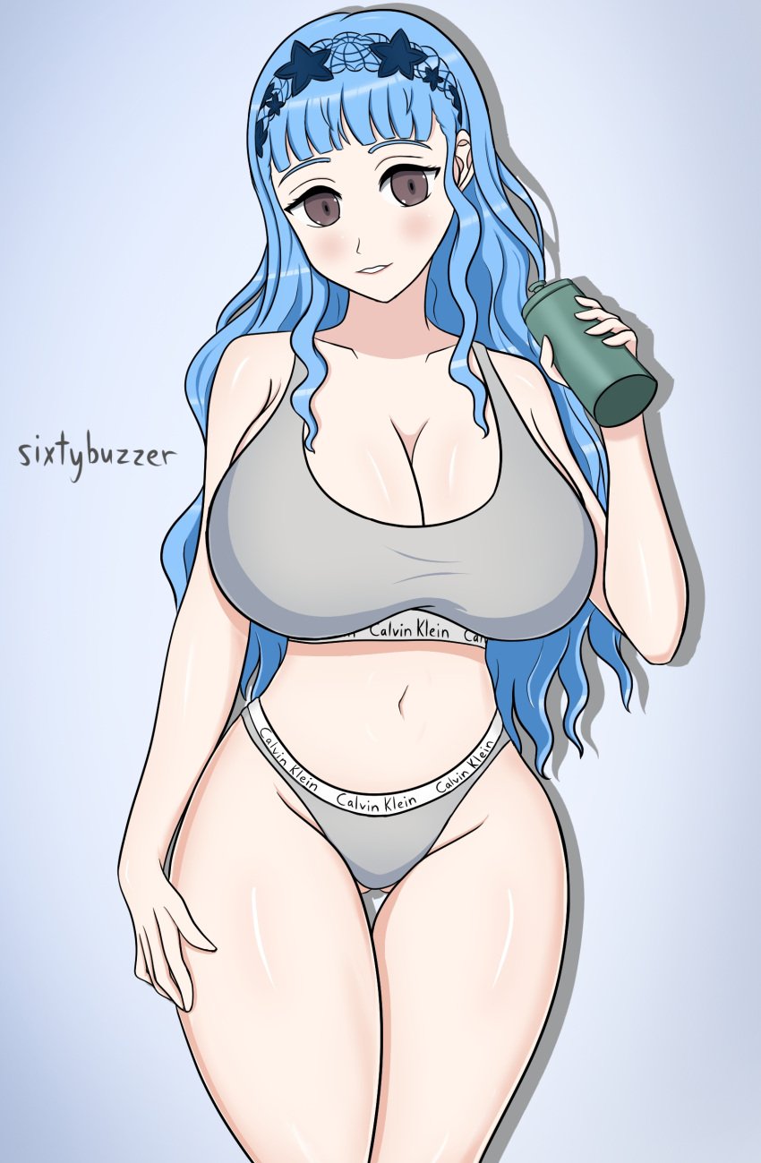 1girls alternate_hairstyle ass_visible_through_thighs bangs bare_thighs blue_hair bottle breasts brown_eyes cleavage drinking female female_only fire_emblem fire_emblem:_three_houses fire_emblem_warriors:_three_hopes grey_panties grin hourglass_figure large_breasts light-skinned_female light_skin long_hair marianne_von_edmund nintendo official_alternate_hairstyle panties sixtybuzzer smile solo tank_top thighs underwear very_long_hair wavy_hair