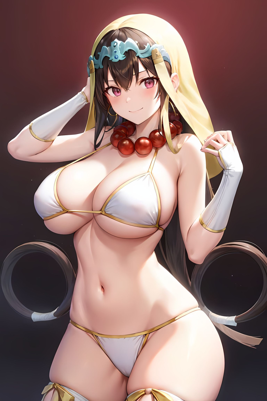 1girls ai_generated bikini breasts brown_hair fate/grand_order fate_(series) female hi_res huge_breasts light-skinned_female light_skin long_hair looking_at_viewer smile stable_diffusion thighs xuanzang_(fate)