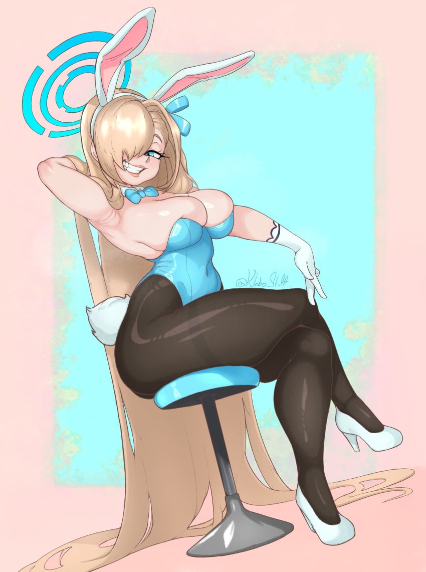 1girls arm_behind_head asuna_(blue_archive) asuna_(bunny)_(blue_archive) asuna_(bunny_girl)_(blue_archive) blonde_hair blue_archive blue_eyes bunny_ears bunny_tail bunnysuit crossed_legs detached_collar female female_only gloves hair_curtain hair_over_one_eye heels klebo_stuff long_hair looking_at_viewer millennium_science_school_student neck_ribbon pantyhose sitting sitting_on_chair smiling smiling_at_viewer solo teeth_showing thick_thighs very_high_resolution very_long_hair