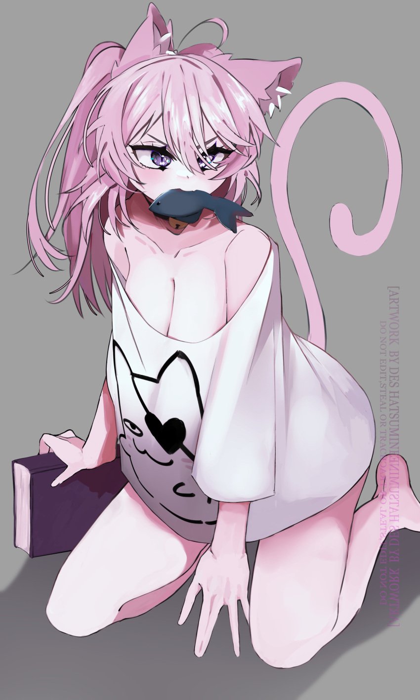 angry_face book cat_ears cat_tail catgirl cleavage des_hatsumine fish_in_mouth indie_virtual_youtuber kneeling long_cleavage long_hair long_tail nyatasha_nyanners on_knees oversized_shirt pink_hair pink_tail ponytail purple_eyes virtual_youtuber white_shirt