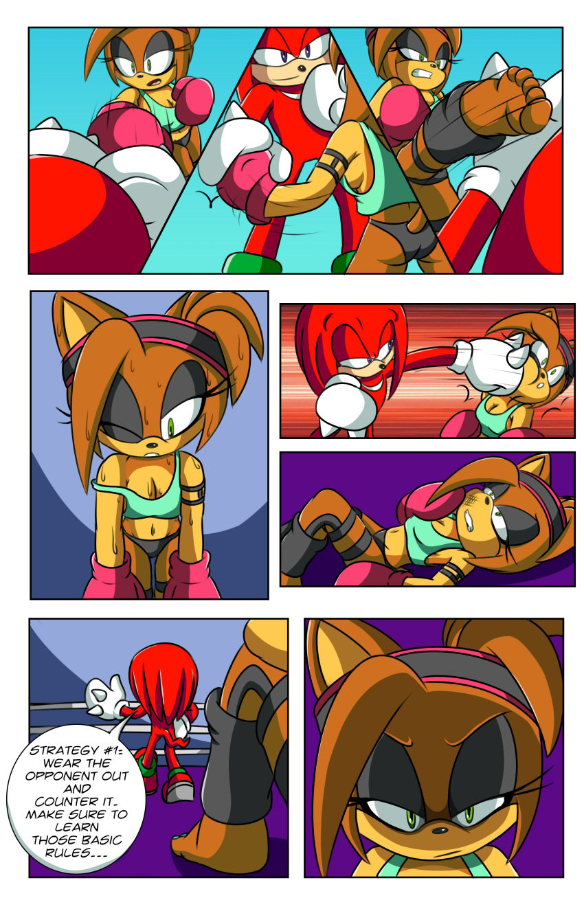 1girls 1male 2018 2023 ass boxing_gloves boxing_ring cleavage comic dialogue female hd hedgehoglove hi_res high_resolution highres kicking klara_the_hedgehog knuckles_the_echidna male page_2 panties punching sonic_(series) sonic_the_hedgehog_(series)