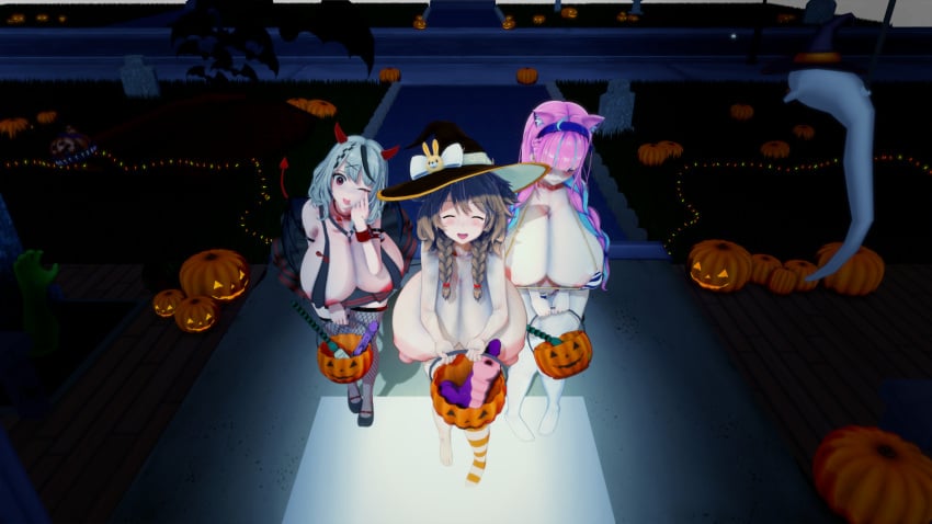 3d 3d_(artwork) areolae artist_request bikini costume crossover gigantic_breasts halloween holidays hololive holox horns huge_breasts koikatsu looking_at_viewer minato_aqua night nijisanji nipples outdoors pumpkin sakamata_chloe sex_toys source_request succubus_costume virtual_youtuber vtuber warabeda_meiji warabeda_meijii witch_hat