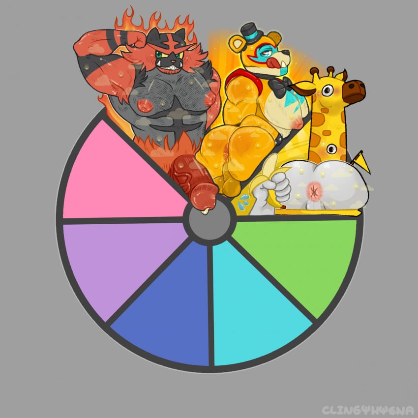 3boys animatronic anthro anus banana bara bear blush bowtie champ'd_up chest_hair clingyhyena color_wheel_challenge crossover cum fangs feline fire five_nights_at_freddy's five_nights_at_freddy's:_security_breach flag flexing game_freak gay giraffe glamrock_freddy_(fnaf) glowing grey_skin hand human incineroar jackbox_games large_ass large_nipples large_pectorals large_penis licking_lips looking_at_viewer male male_only pants_down penis_vein pokemon raph_(jackbox) robot sharp_teeth showing_ass signature steam steel_wool_studios sweat the_jackbox_party_pack_7 tophat