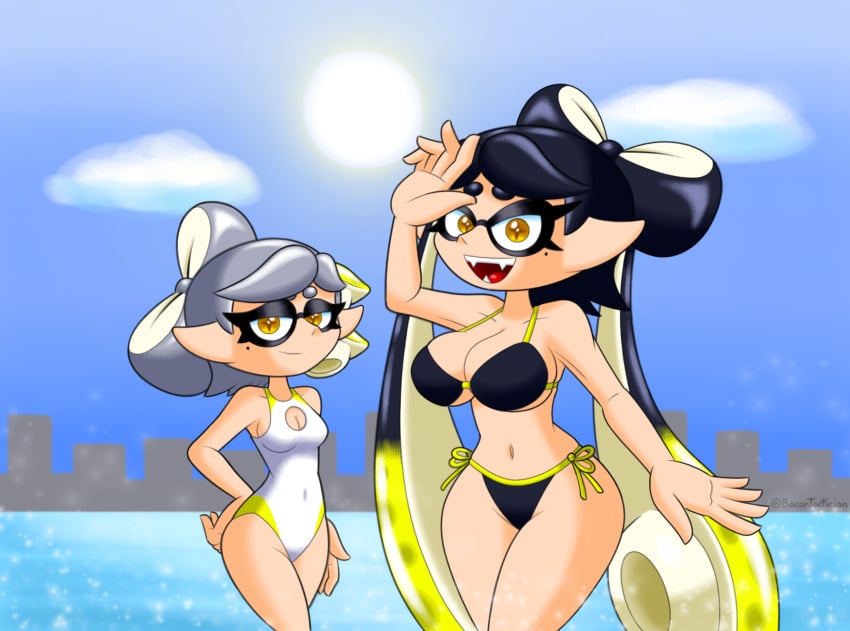 bacontactician black_hair breasts callie_(alterna) callie_(splatoon) earrings female female_only light-skinned_female light_hair light_skin long_hair marie_(alterna) marie_(splatoon) mole mole_under_eye multicolored_hair multiple_girls nintendo pointed_ears pointy_ears short_hair silver_hair splatoon splatoon_(series) swimsuit symbol-shaped_pupils tacticalbacon84 tagme twintails white_hair yellow_eyes yellow_hair