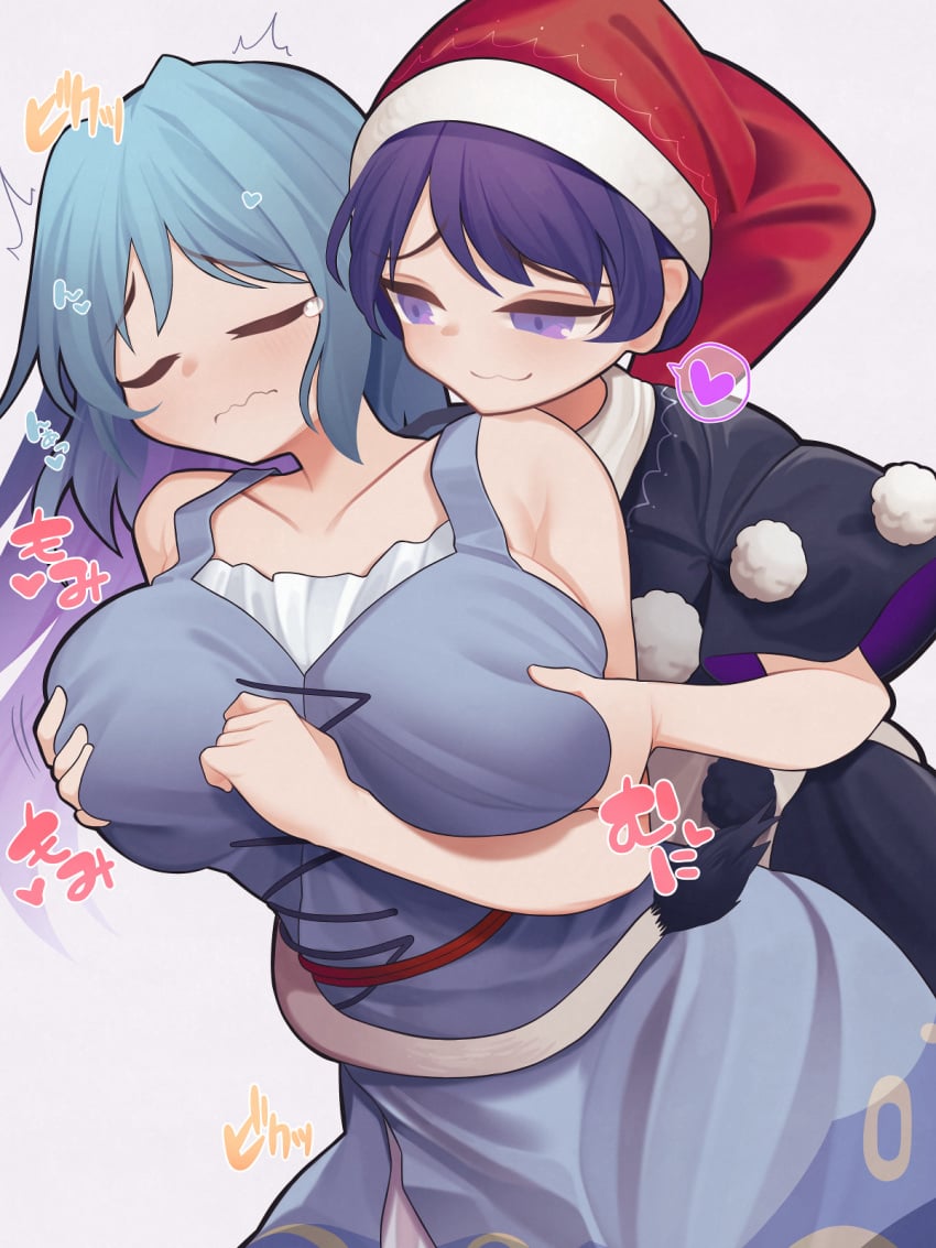 akaiha_(akaihasugk) black_dress blue_dress blue_eyes blue_hair breasts camisole closed_eyes closed_mouth doremy_sweet dress frown gensou_shoujo_taisen grabbing grabbing_another's_breast grabbing_from_behind groping hat heart highres large_breasts long_hair multicolored_clothes multicolored_dress multiple_girls muwatari_makura nightcap pom_pom_(clothes) shirt short_hair sleeveless smile spoken_heart tail tail_wrap tapir_tail tearing_up tears touhou white_dress white_shirt yuri