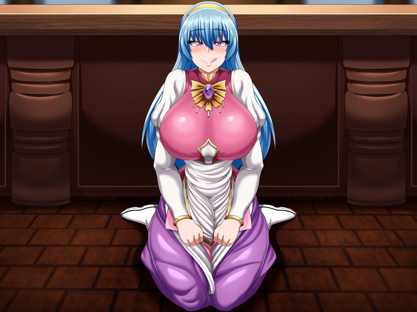 1girls :q background blue_hair blush breasts counter crimsonhysteria dress female female_focus female_only full_body gem hairband huge_breasts jewelry large_breasts licking licking_lips long_hair looking_at_viewer lufia male_pov naughty_face necklace nightmare-doom pendant pov puffy_sleeves purple_eyes shopkeeper sitting smile tia tongue tongue_out very_long_hair